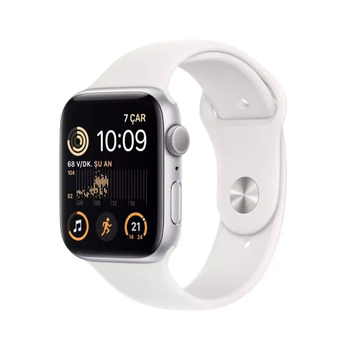 Apple Watch SE GPS 44mm Gümüş Rengi Alüminyum Kasa - Beyaz Spor Kordon MNK23TU/A -1