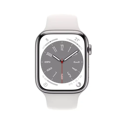 Apple Watch Series 8 GPS + Cellular 45mm Gümüş Paslanmaz Çelik Kasa - Beyaz Spor Kordon MNKE3TU/A -1