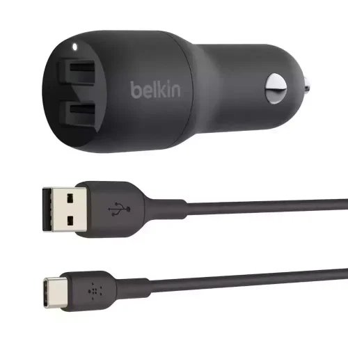 Belkin 24W Hızlı Araç Şarj Cihazı (2 Port) USB-C Kablo - Siyah CCE001BT1MBK -1